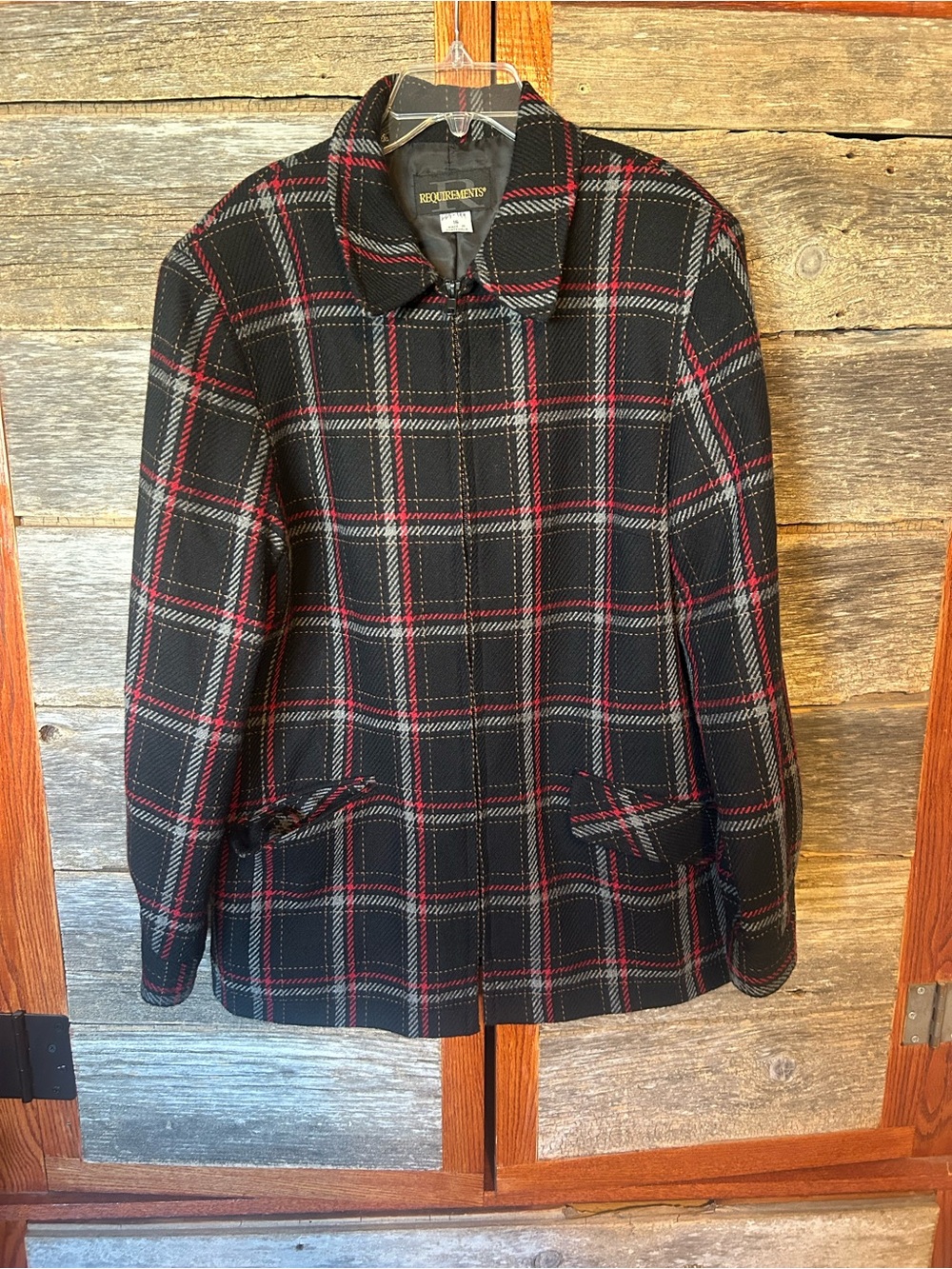 Vintage Requirements Black Plaid Jacket with Red. Lined Collared Zipper Wool